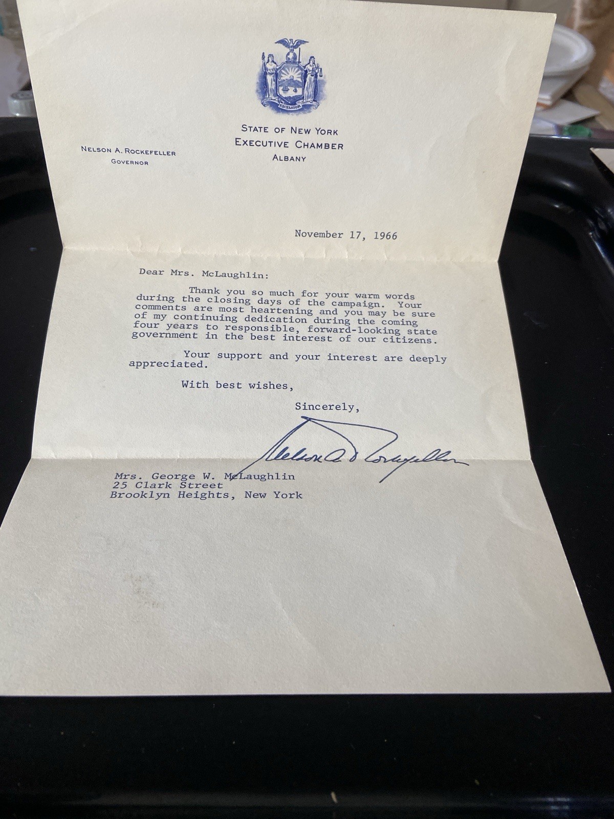 Nelson Rockefeller Signed Letter In Albany Marked Envelope 1966