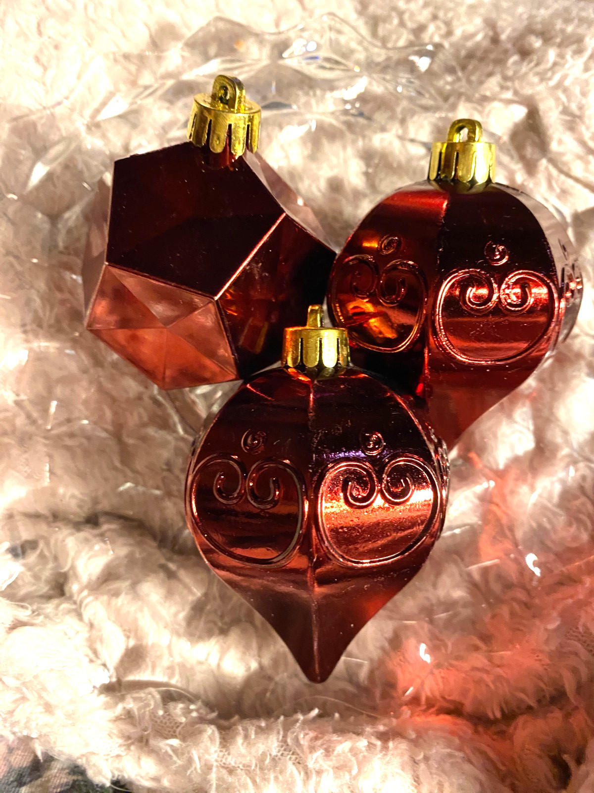 3 Shatterproof Dark Red Teardrop & Box Christmas Ornaments 3"