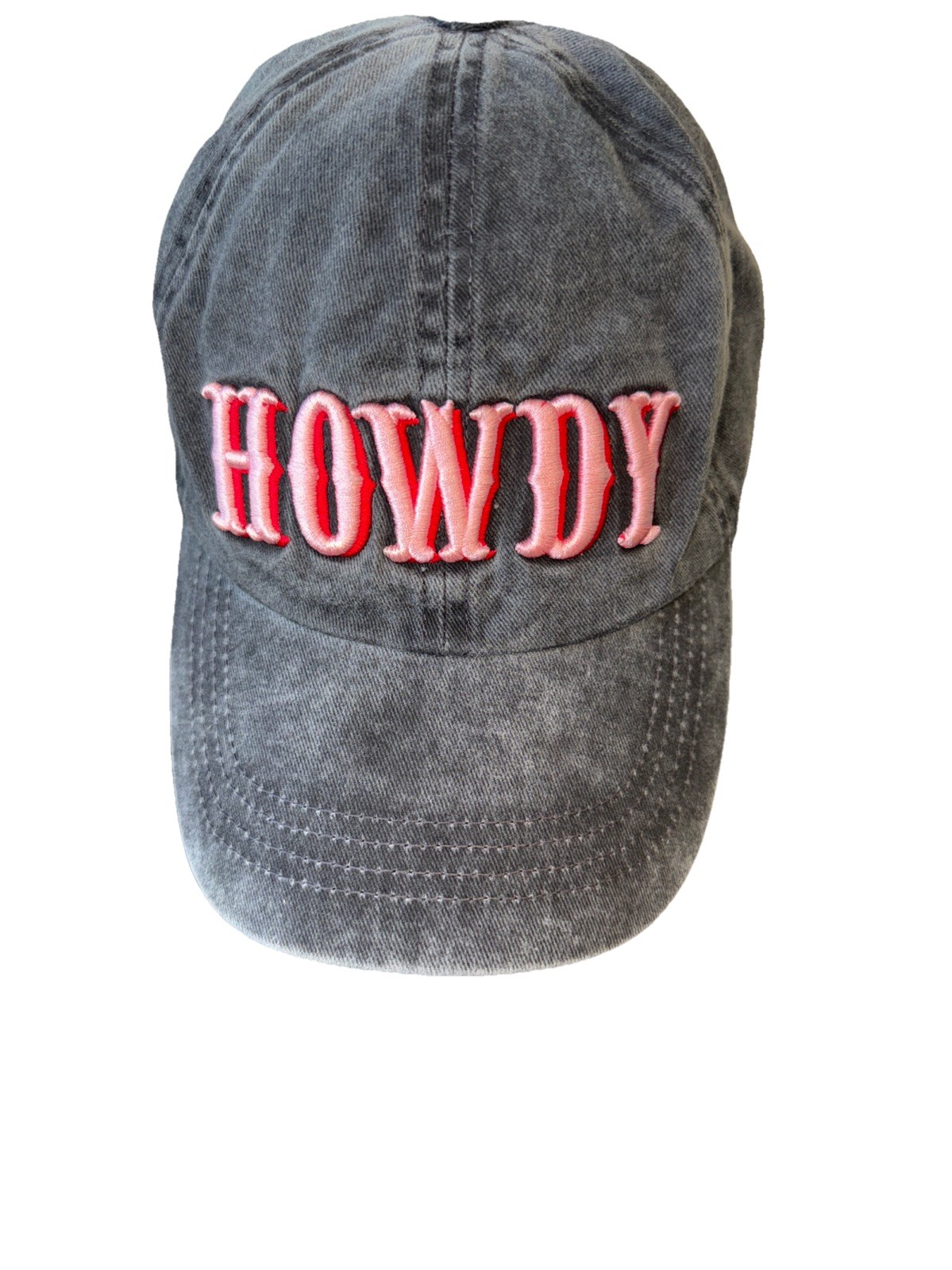 HOWDY in Pink Red Letters on Washed Dark gray Cotton Hat Cap Strap Buckle