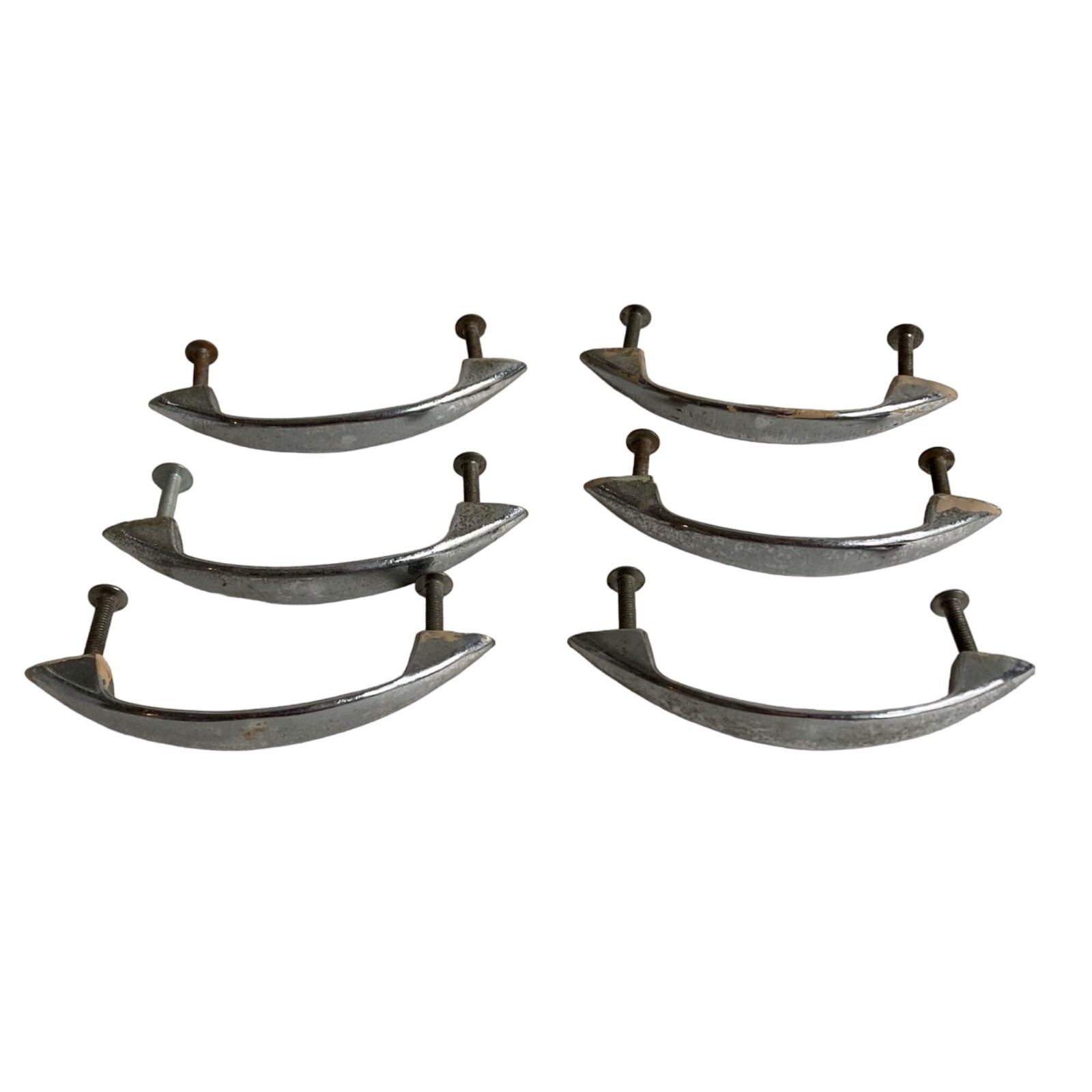 Lot 6 Vintage Chrome Drawer Pulls Curved 4" Metal Silver Handles w/ Screws