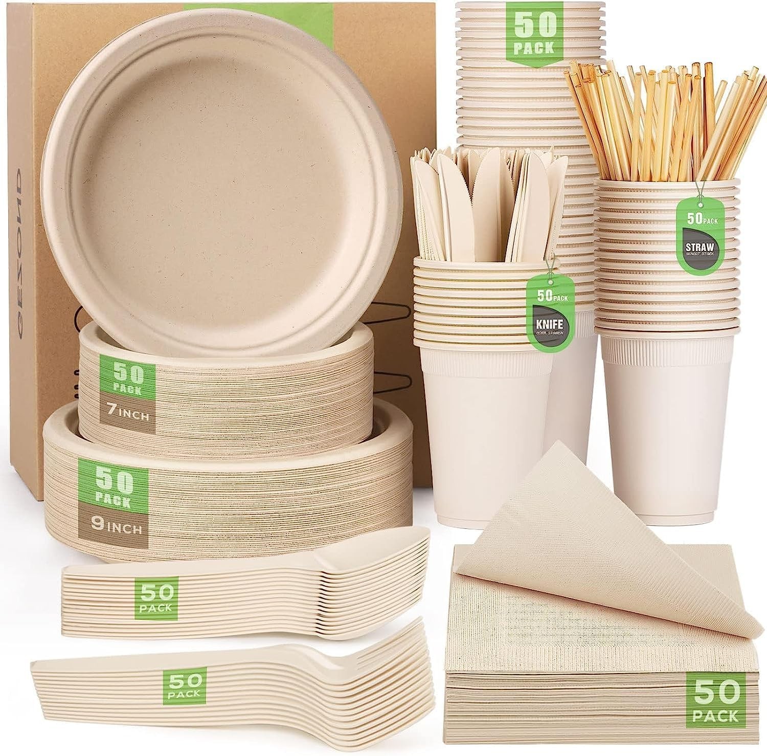 Gezond 400-piece Compostable Paper Plate Disposable Set