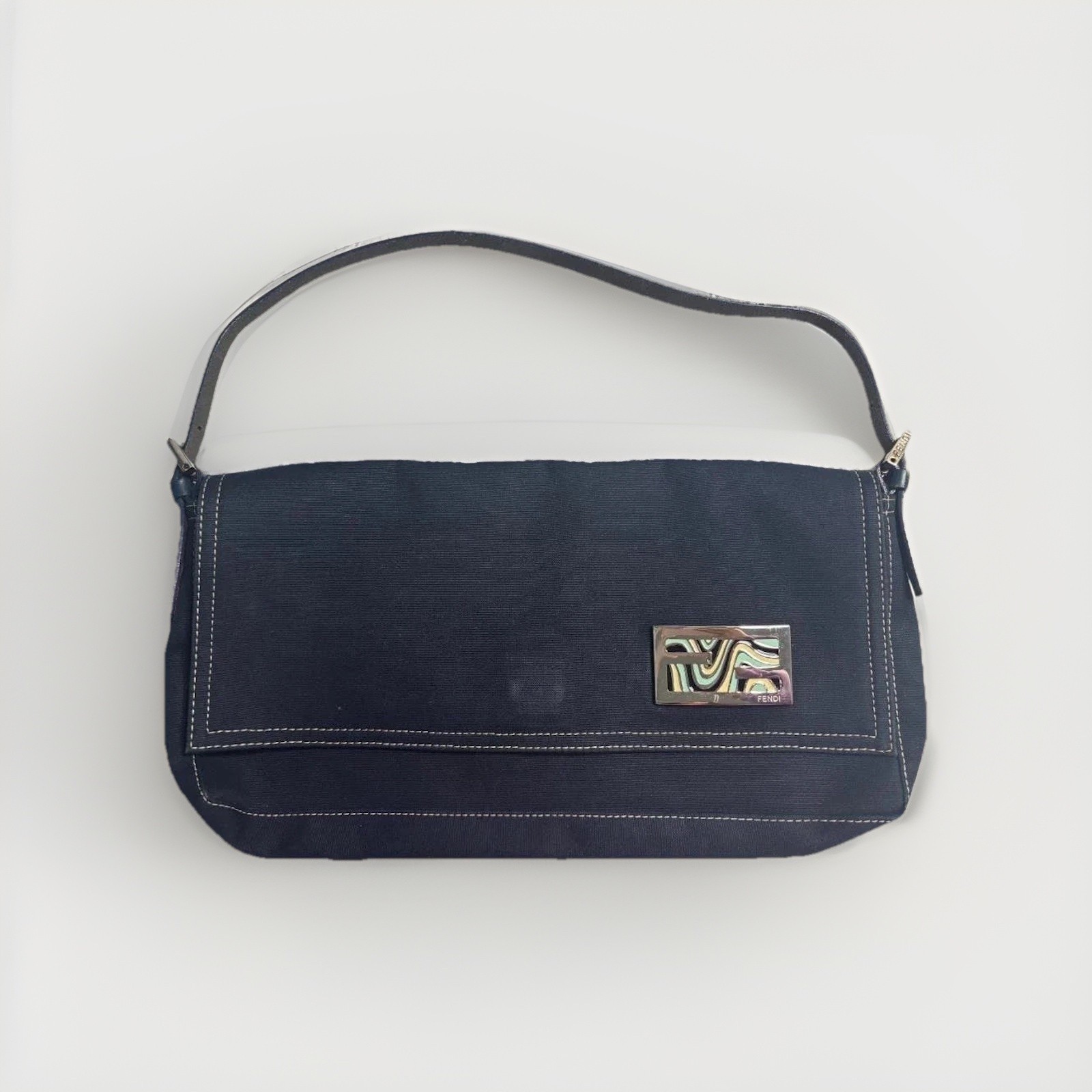 FENDI Mamma Bucket One Shoulder Bag FF Marble Denim Navy Leather Auth