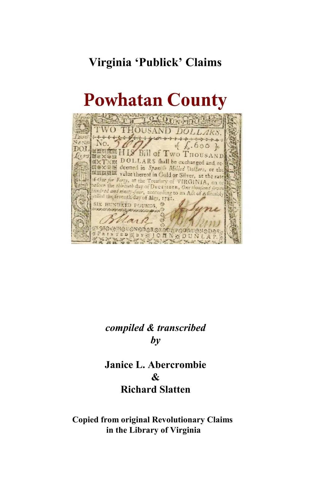 Powhatan County, Virginia Revolutionary Publick Claims GENEALOGY