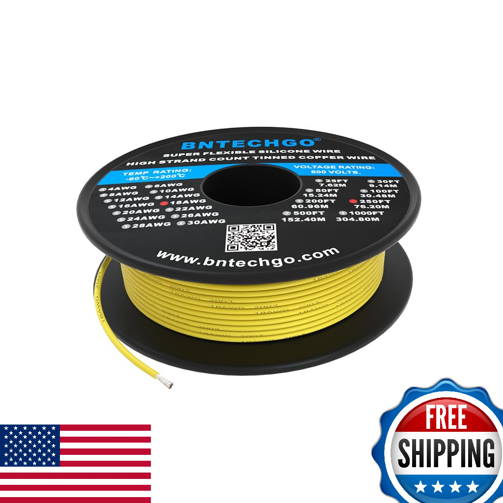 BNTECHGO 18 Gauge Silicone Wire Spool 250 ft Yellow Flexible 18 AWG Stranded Tin