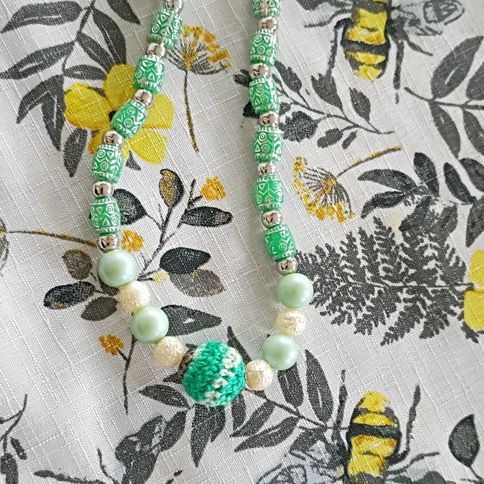 Handcrafted Green Beaded Necklace Patterned Beads Yarn Accent Silver Spacers