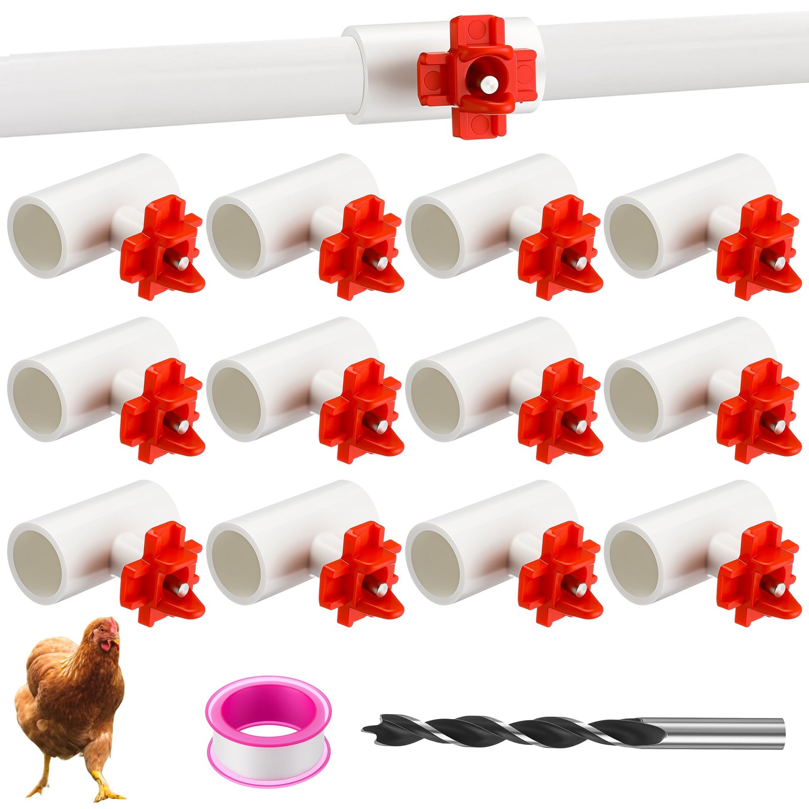 12 Pack Chicken Nipples Waterer with 1/2 Inch PVC Tee Fittings for Ducks Quail