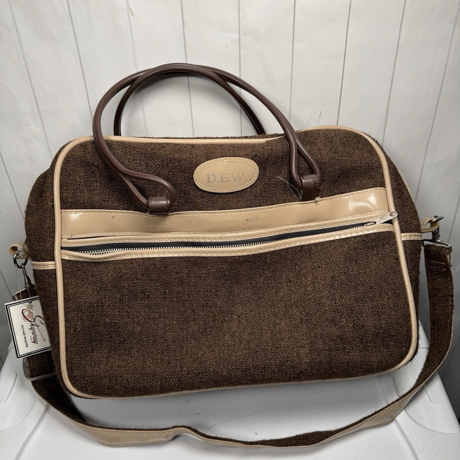 VTG 70s Skyway D.E.W. Brown Tweed Luggage Bag Classy Overnight Travel Carry On