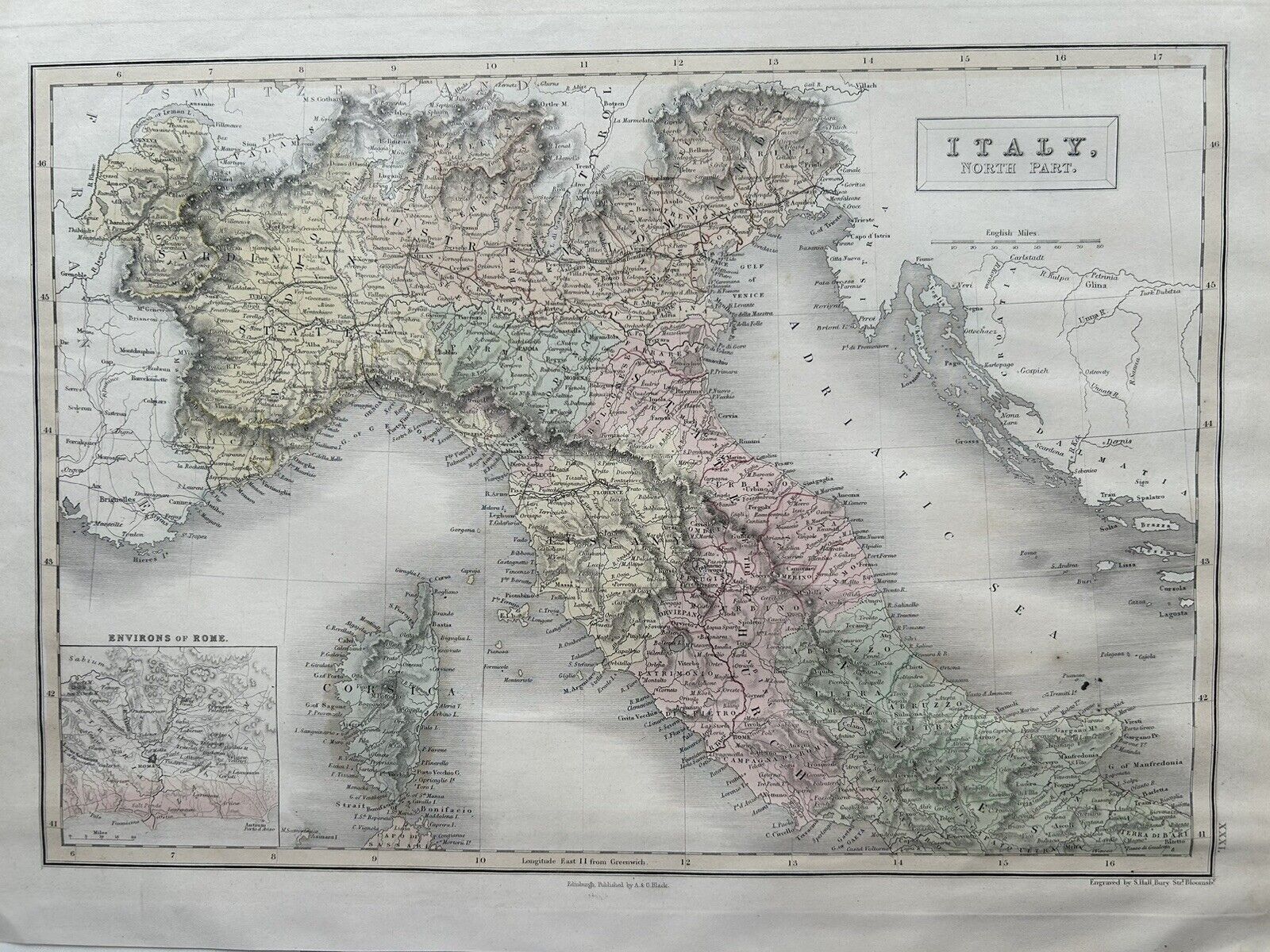 1851 North Italy Hand Coloured Original Antique Map by Selina Hall