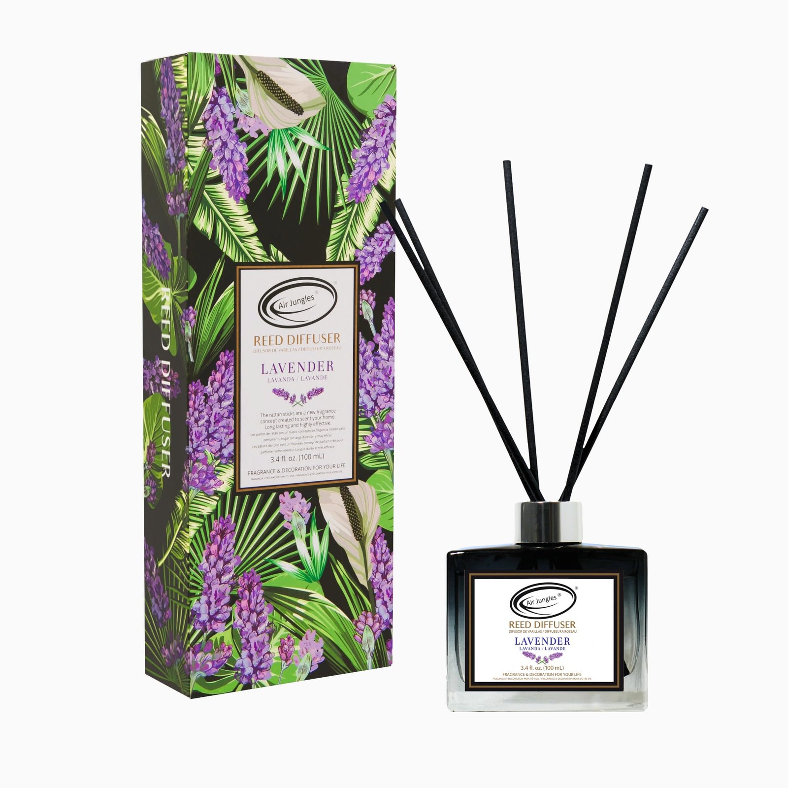 Air Jungles Lavender Reed Diffuser Set with Sticks 3.4 fl. oz, Essential Ince...