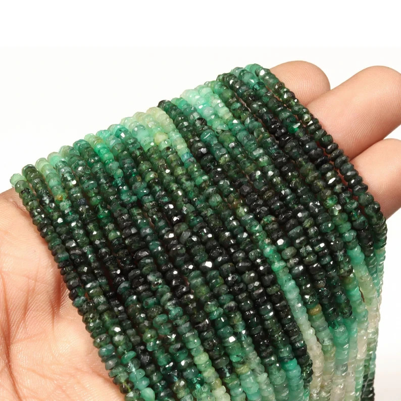 Emerald Shaded Faceted Rondelle Beads: Natural Gemstone (3-4mm)