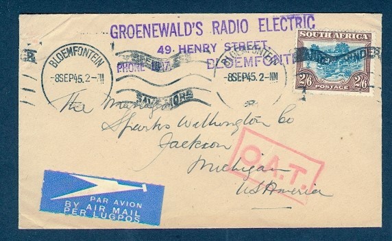 SOUTH AFRICA 1945 2'6P OAT TO USA