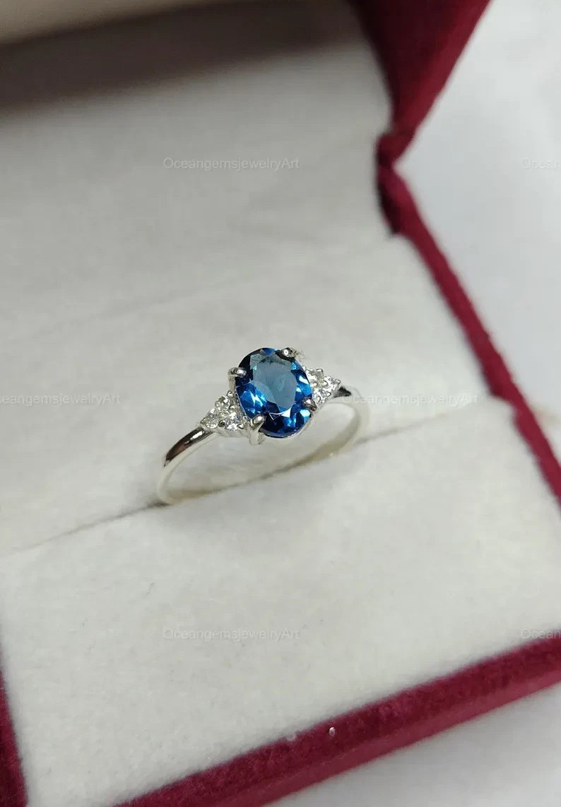 2.00 Ct Lab Created Oval Cut London Blue Topaz Ring 14k White Gold Plated