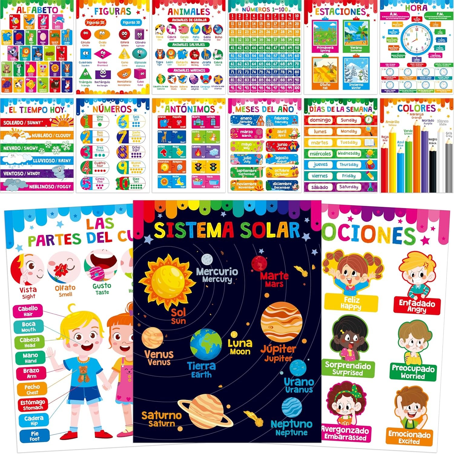 15 Packs Spanish & English Educational Posters, Thick Elementary Bilingual Po...