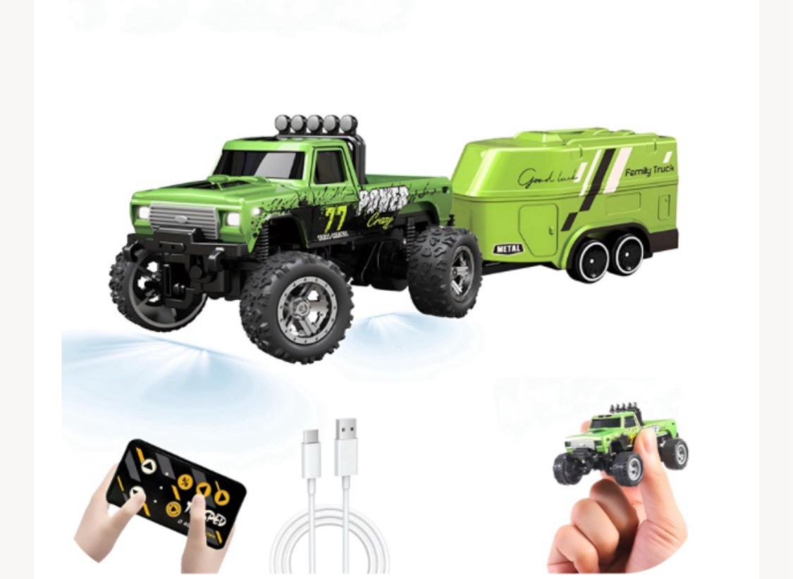 Mini RC Car, 1/64 Scale Mini Remote Control Monster Truck with Trailer, 2.4Ghz &