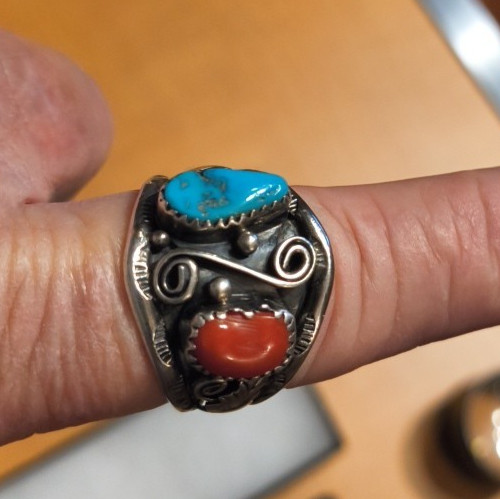 VINTAGE NAVAJO Sterling Silver TURQUOISE LARGE RING SIGNED JS SIZE 12