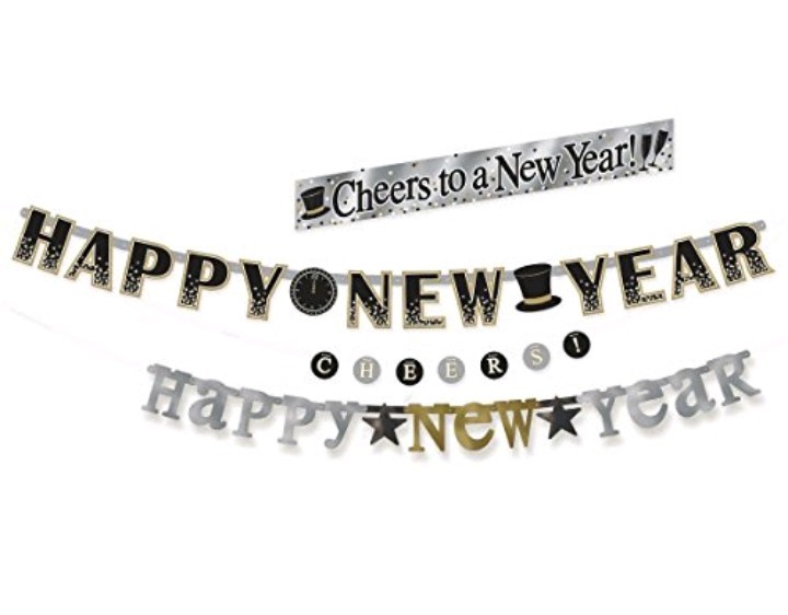 4 in 1 HAPPY NEW YEAR DECORATION BANNERS Gold, Silver and black **BRAND NEW**