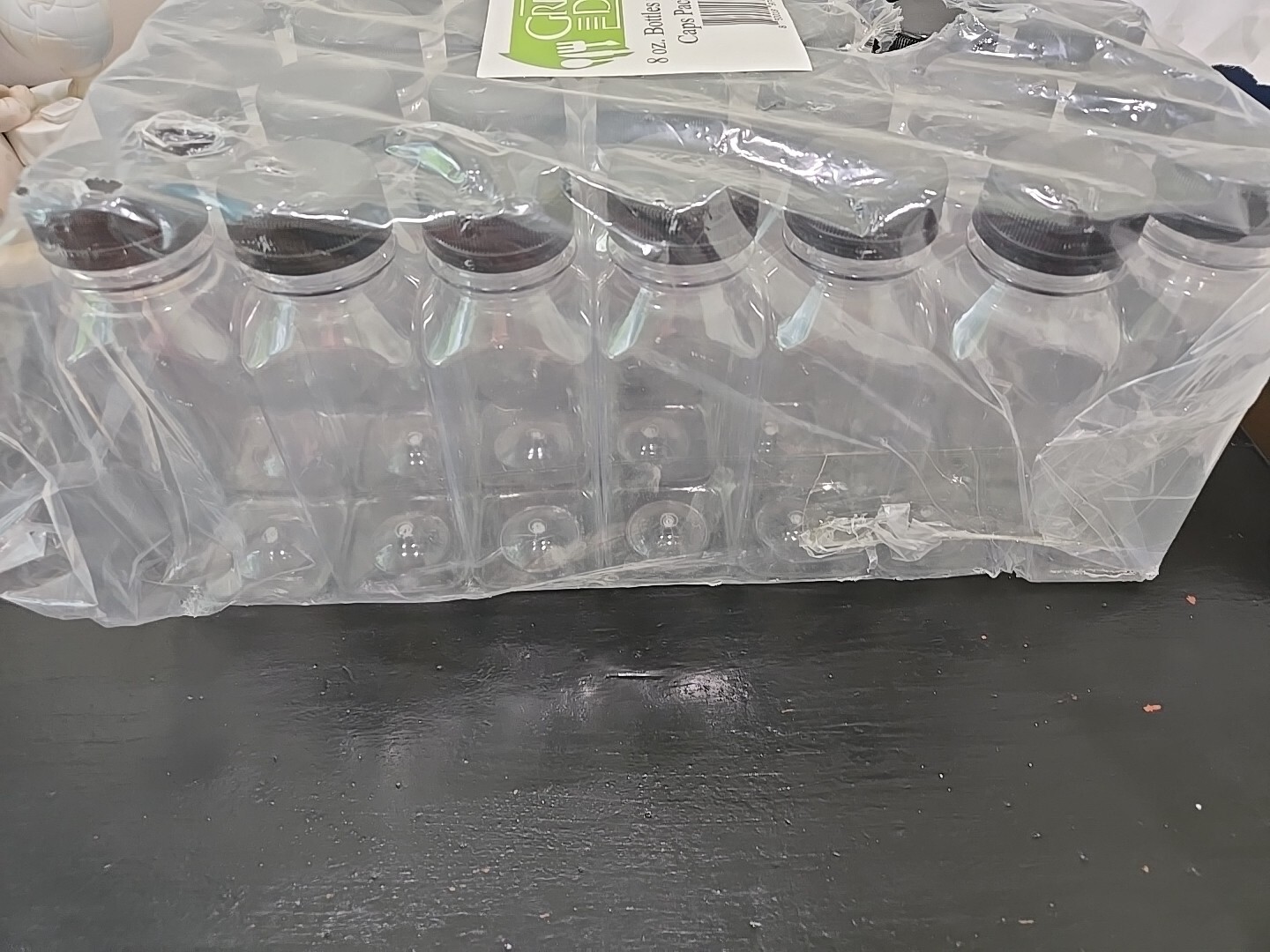 Clear 8 oz bottles with black caps pack of 35, 6.5" tx2"wide