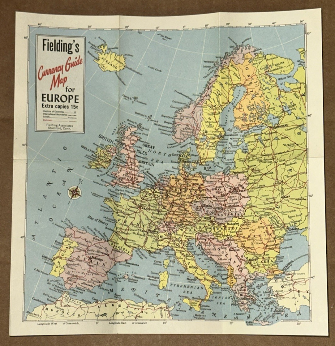Fielding's Concise Guide Map Europe Folding Pocket Travel Map Pre WWII 1930's