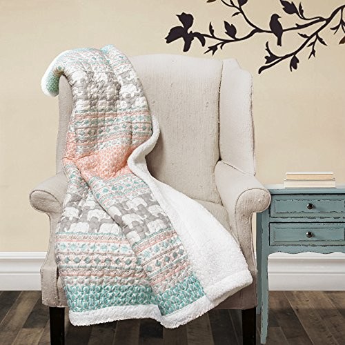  Fuzzy Reversible Sherpa Throw Blanket 60” x Turquoise & Pink Elephant Stripe