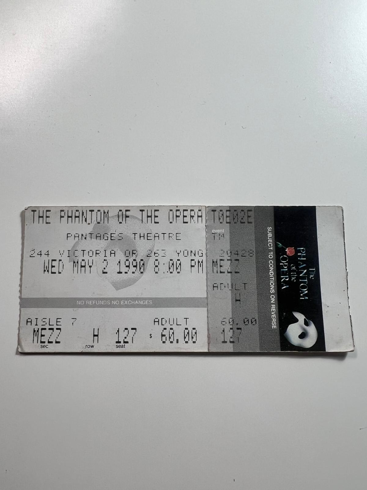 The Phantom of the Opera Musical Ticket Stub 1990 Toronto Pantages Theatre