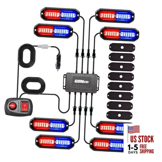  8PCS LED Strobe Lights 12V Sync Feature Red Blue 12LED Emergency RED BLUE