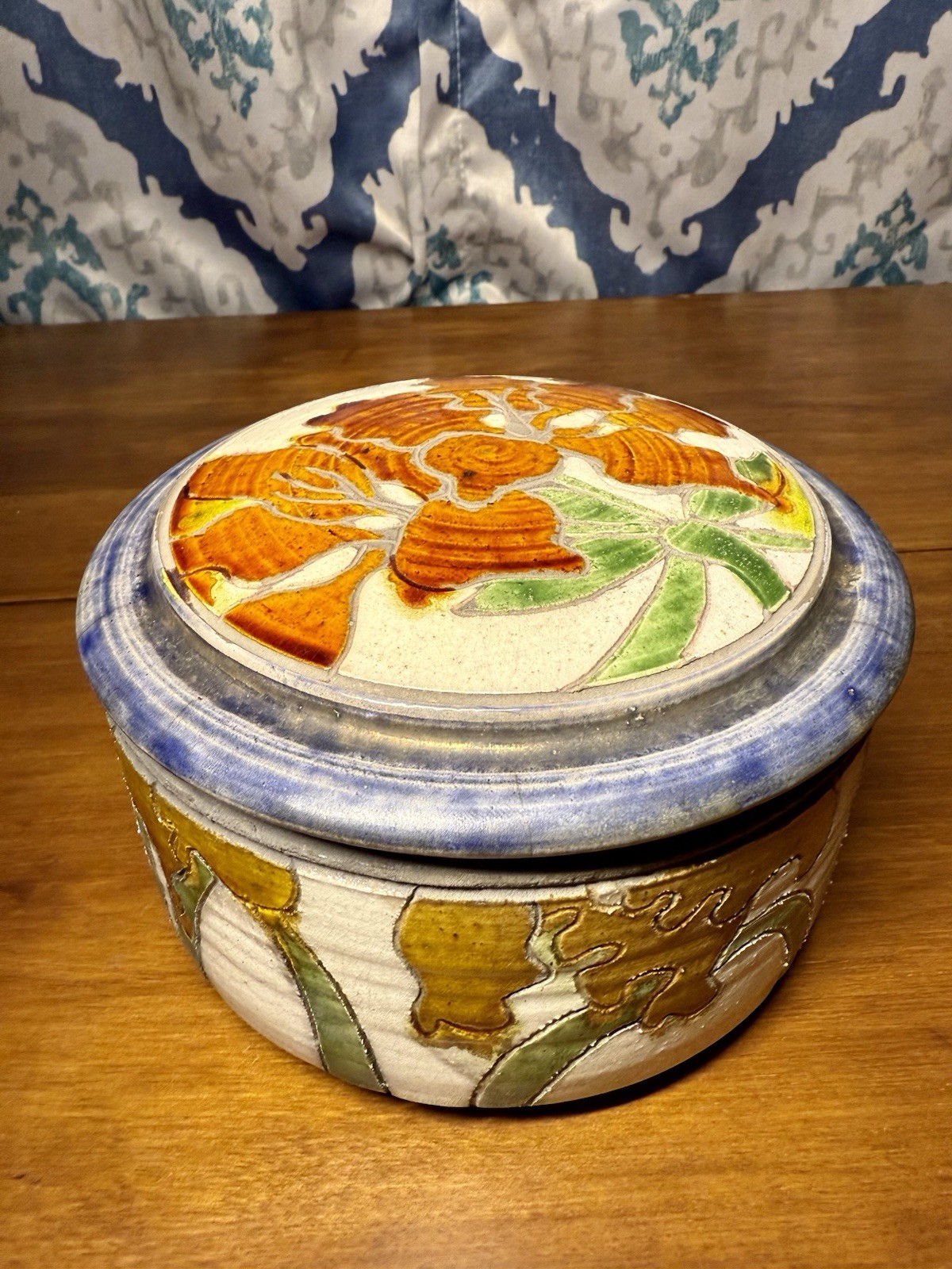 Vintage Studio Art Pottery Lidded Bowl Dish Floral Signed By Evelyn LaMers