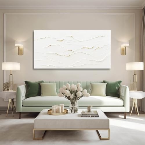 Minimalist Wall Art - Wavy Line Hand Painted - 48"L x 24"W - White and Gold