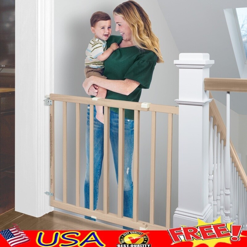 Wooden Baby Safety Gate Extra Wide Child Stairway Gate Secure Latch One Hand Use