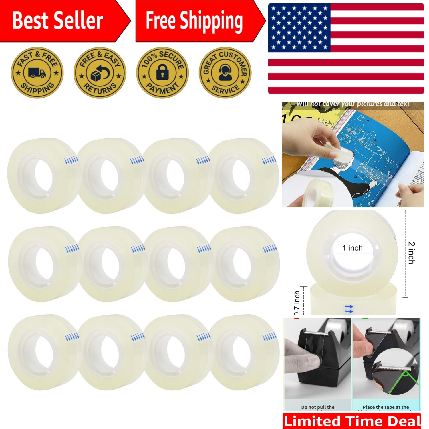 All-Purpose Waterproof Tape - 12 Rolls Transparent Adhesive for Home & School