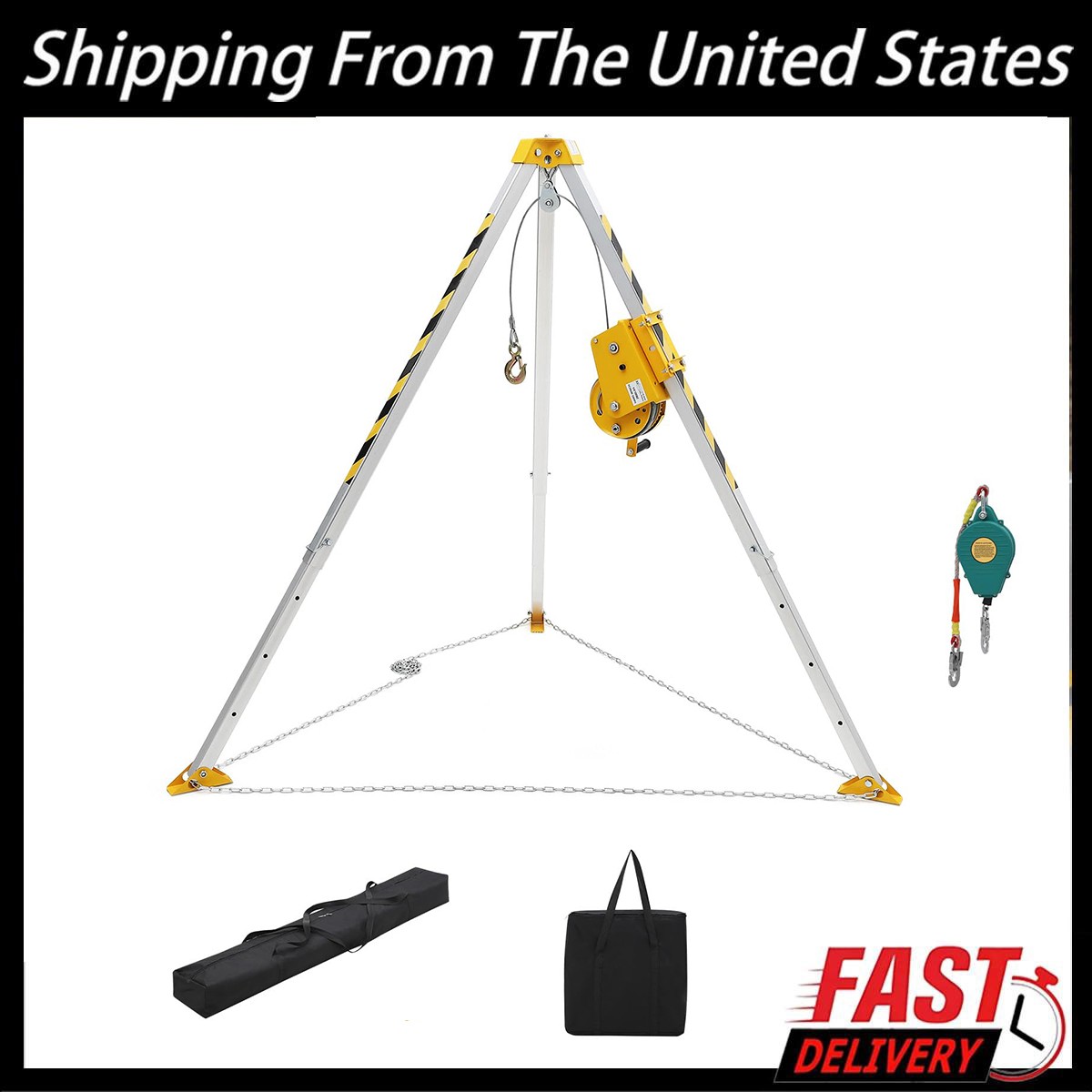 7FT Confined Space Rescue Tripod Kit w1200lb Winch Adjustable Legs & Steel Cable