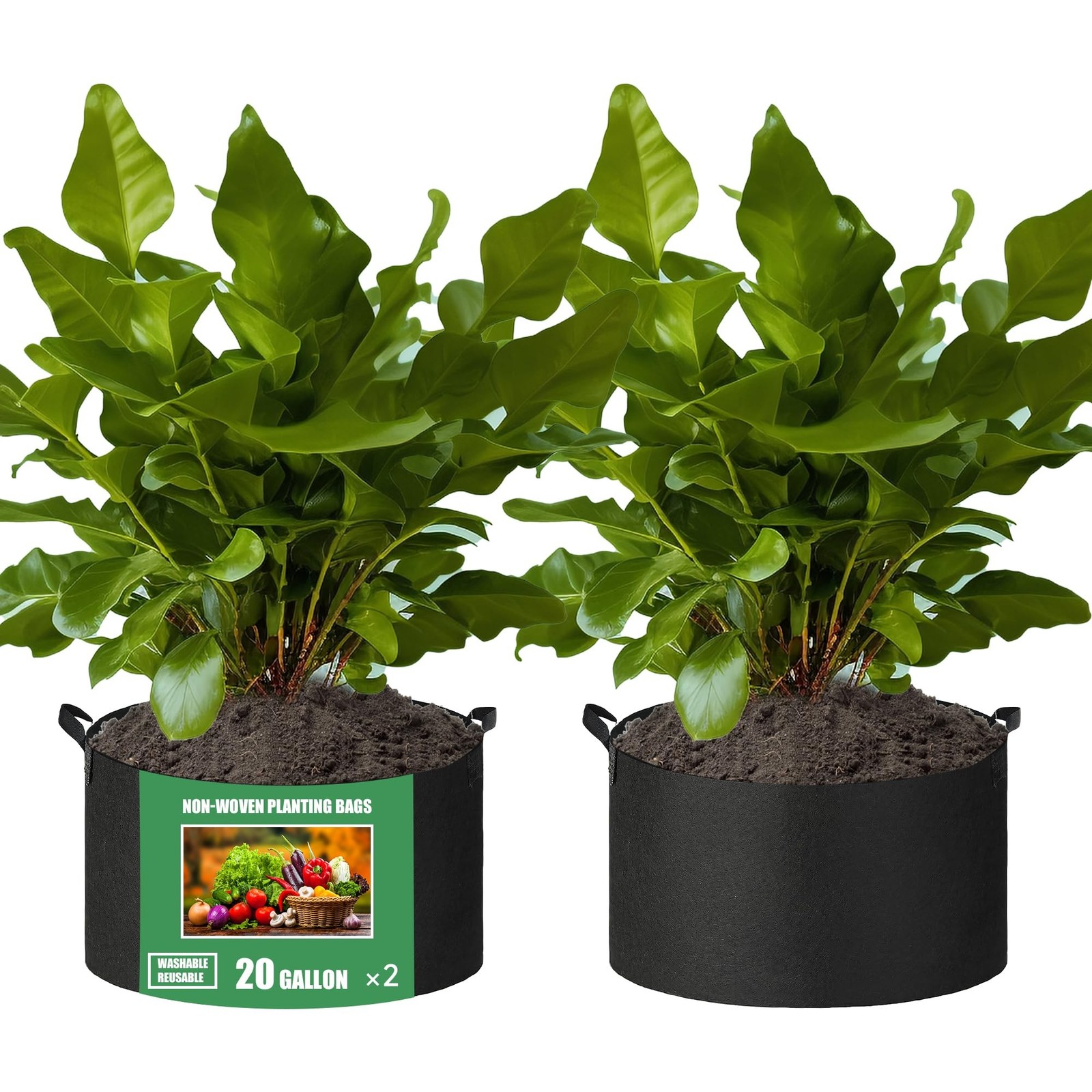 2-Pack 20 Gallon Fabric Grow Bags with Handle, Heavy Duty 300G Thickened Nonw...