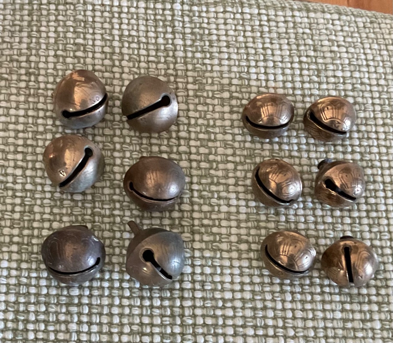 Antique Sleigh Bells, Brass, Lot of 6#4, Lot of 6 #2, All Petal Design
