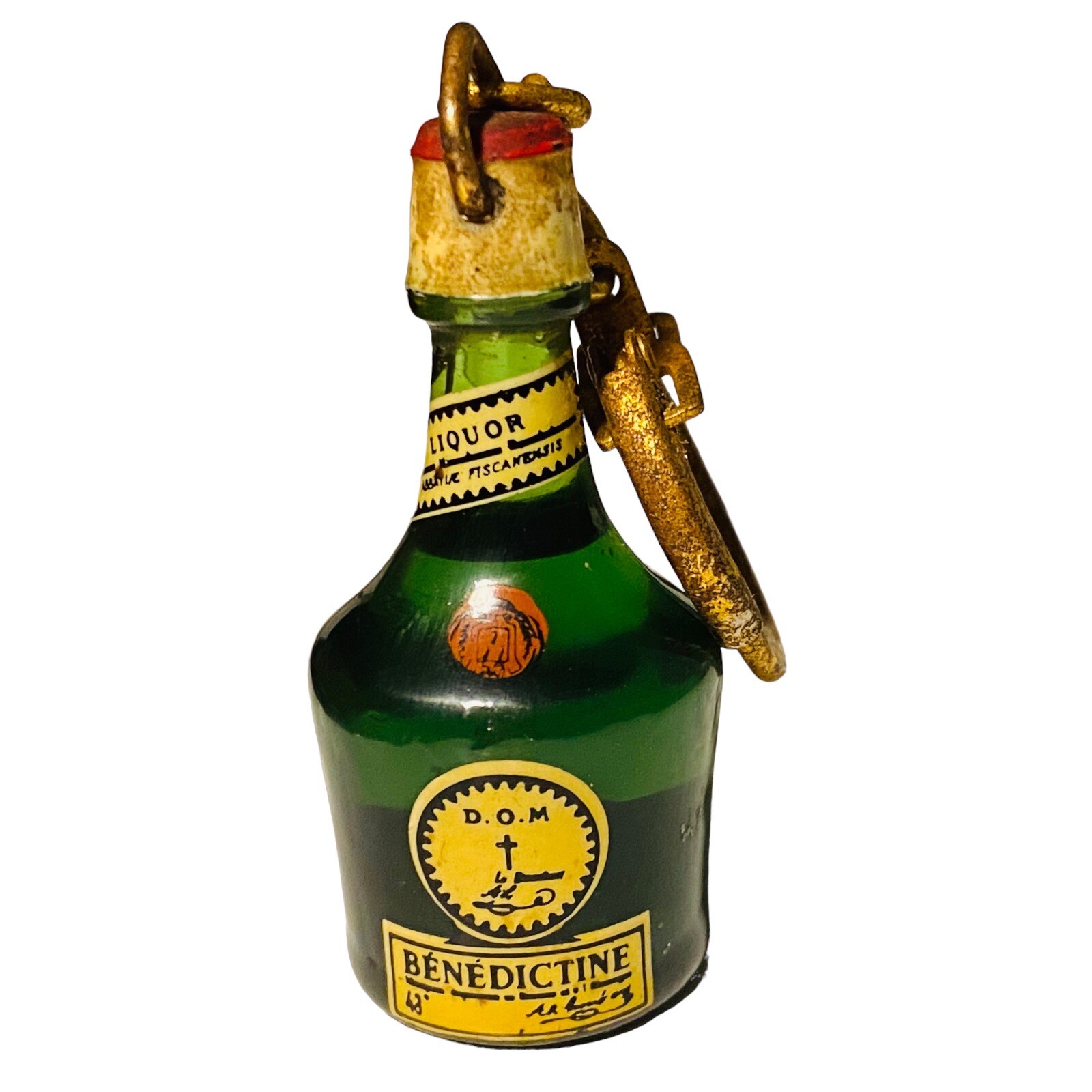 Dom Benedictine Liqueur Green Glass Key Ring Keychain Mini Bottle Vintage 685