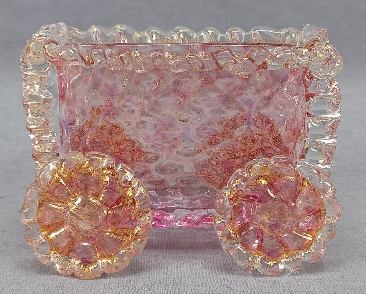 Vintage Murano Diamond Pattern Pink Aventurine Cart/Wagon Card Cigarette Holder