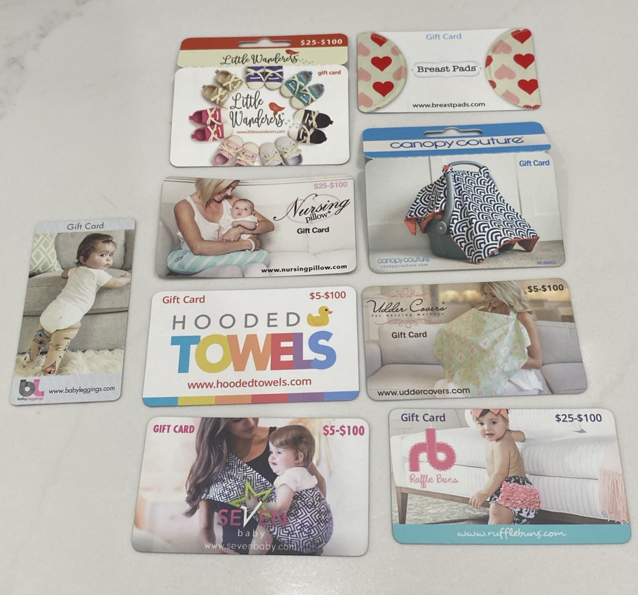 9 GIFT CARDS Udder Covers Hooded Towels Seven Baby Canopy Couture Ruffle Buns