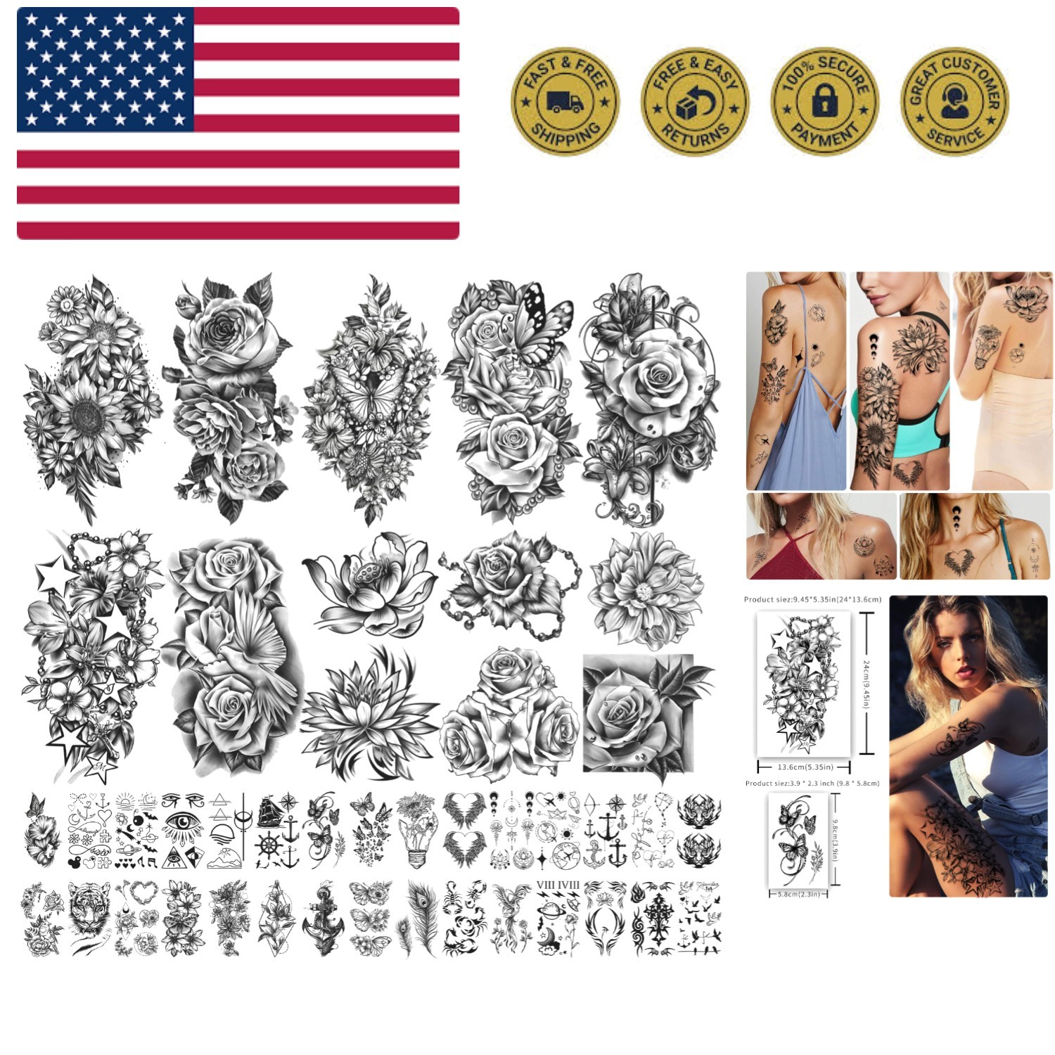 40 sheets Waterproof Temporary Tattoos Flowers Rose Butterfly Fake Tattoo Mix...