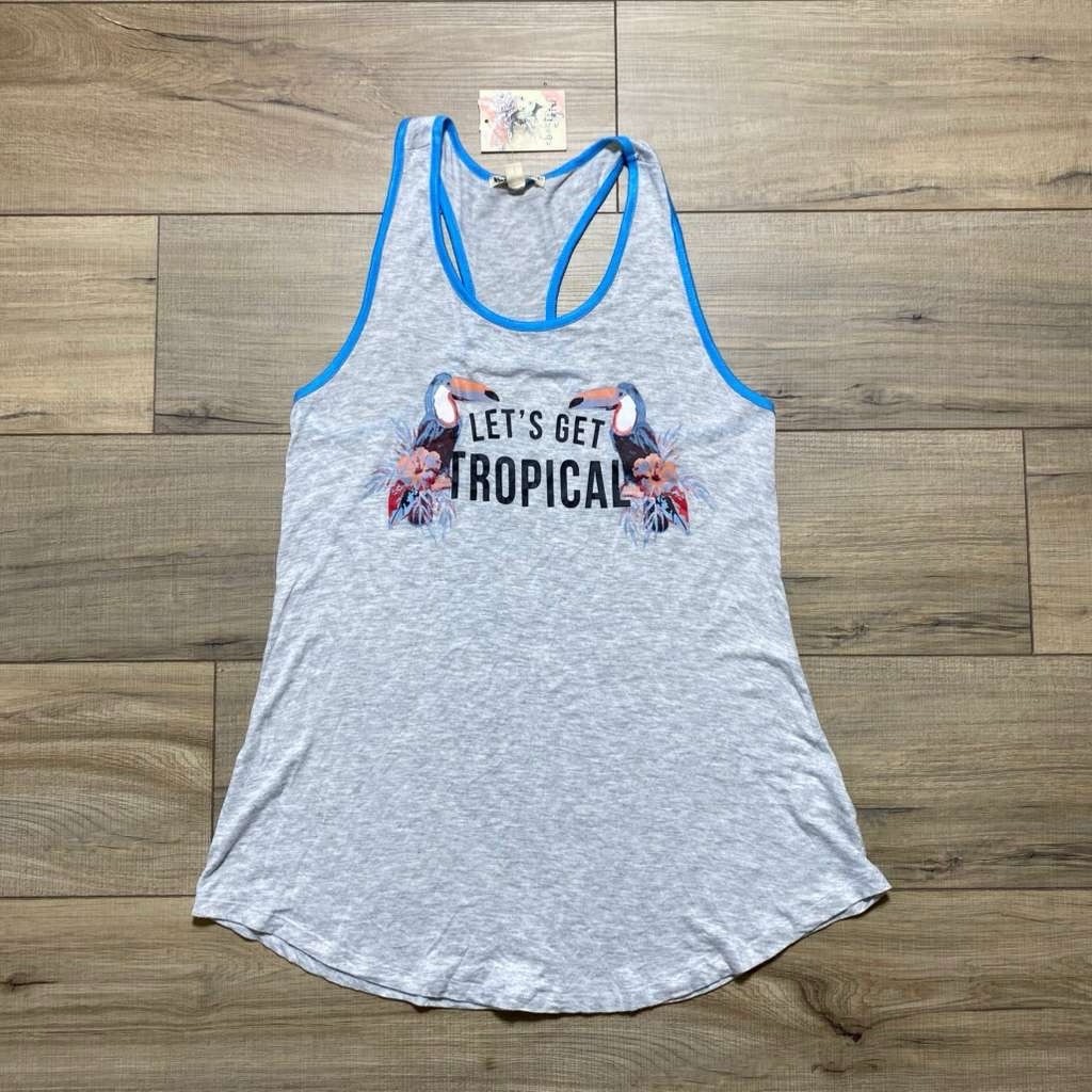 About A Girl Womens Let's Get Tropical Graphic Tank Top Size Medium Light Gray