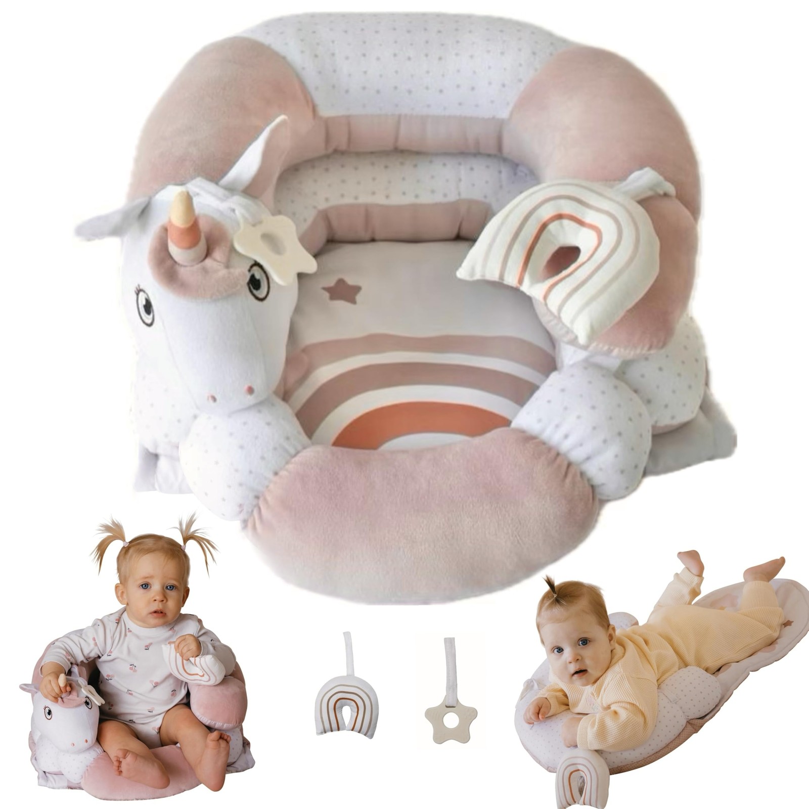 2-in-1 Tummy Time Mat and Seated Support with Two Toys – for Newborns and Bab...