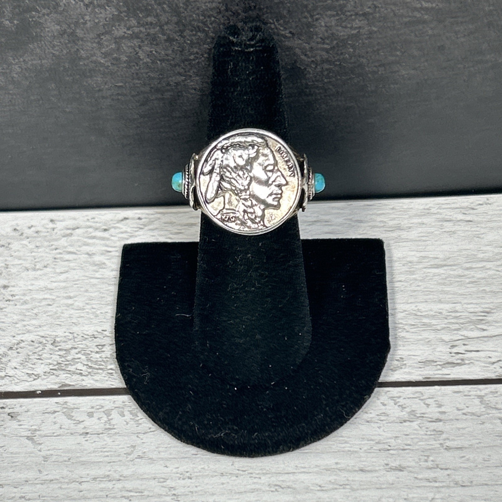 Vintage Silver 925 Navajo 1937 Indian Head Nickle Turquoise Ring Signed BBJ Sz 7