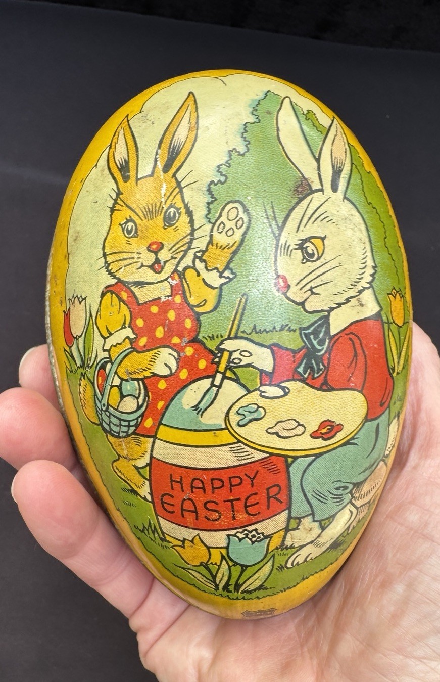 Vintage Metal Toy Egg Tin J Chein & Co Litho Candy Container Bunny Easter T22