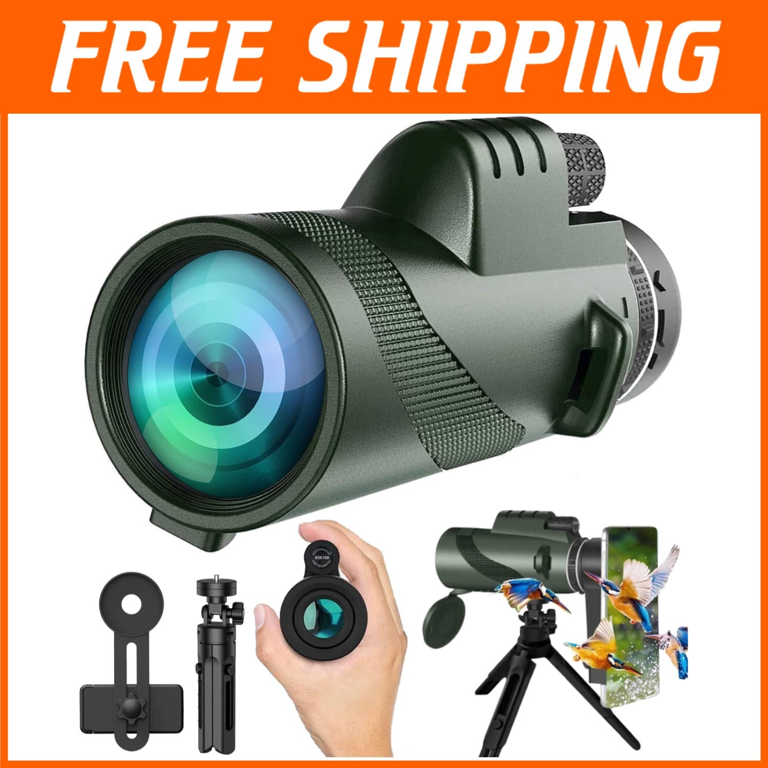 Green Monocular Telescope 80x100 with Phone Holder