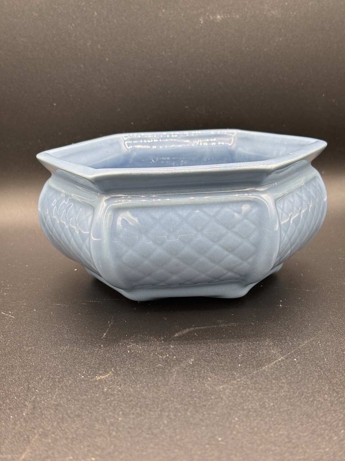 Vintage Haeger Floral Sky Blue Pottery Bowl Hexagon Planter Trinket Dish USA