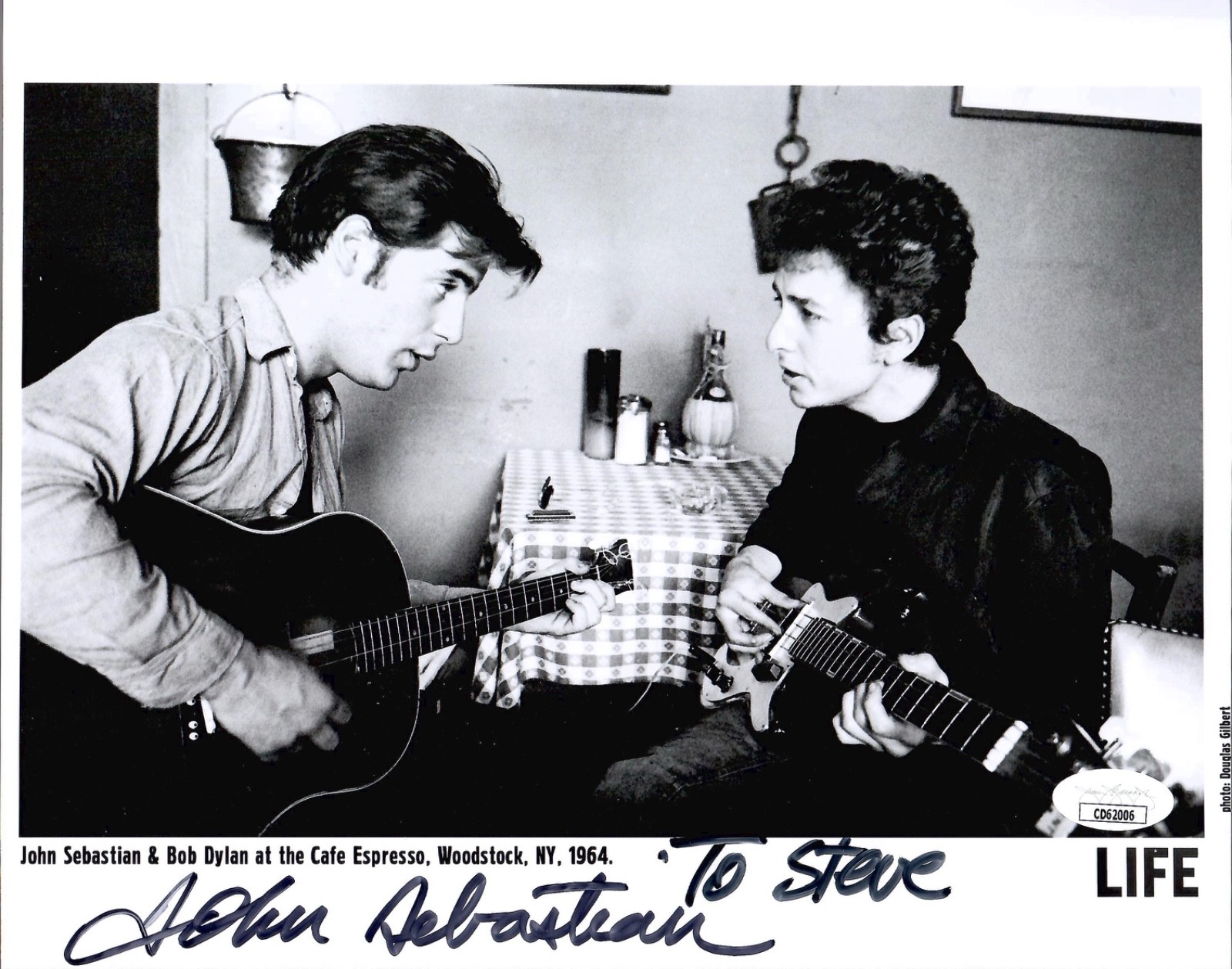 JOHN SEBASTIAN HAND SIGNED 8x10 PHOTO    1964 WITH BOB DYLAN    TO STEVE     JSA