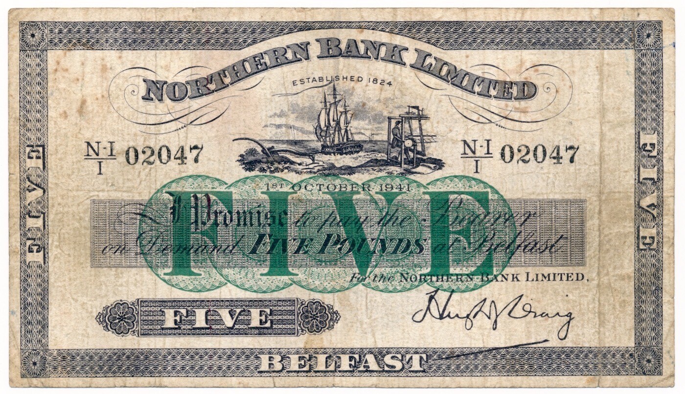 NORTHERN IRELAND (NORTHERN BANK LIMITED) banknote 5 Pounds 1941 VF Very Fine