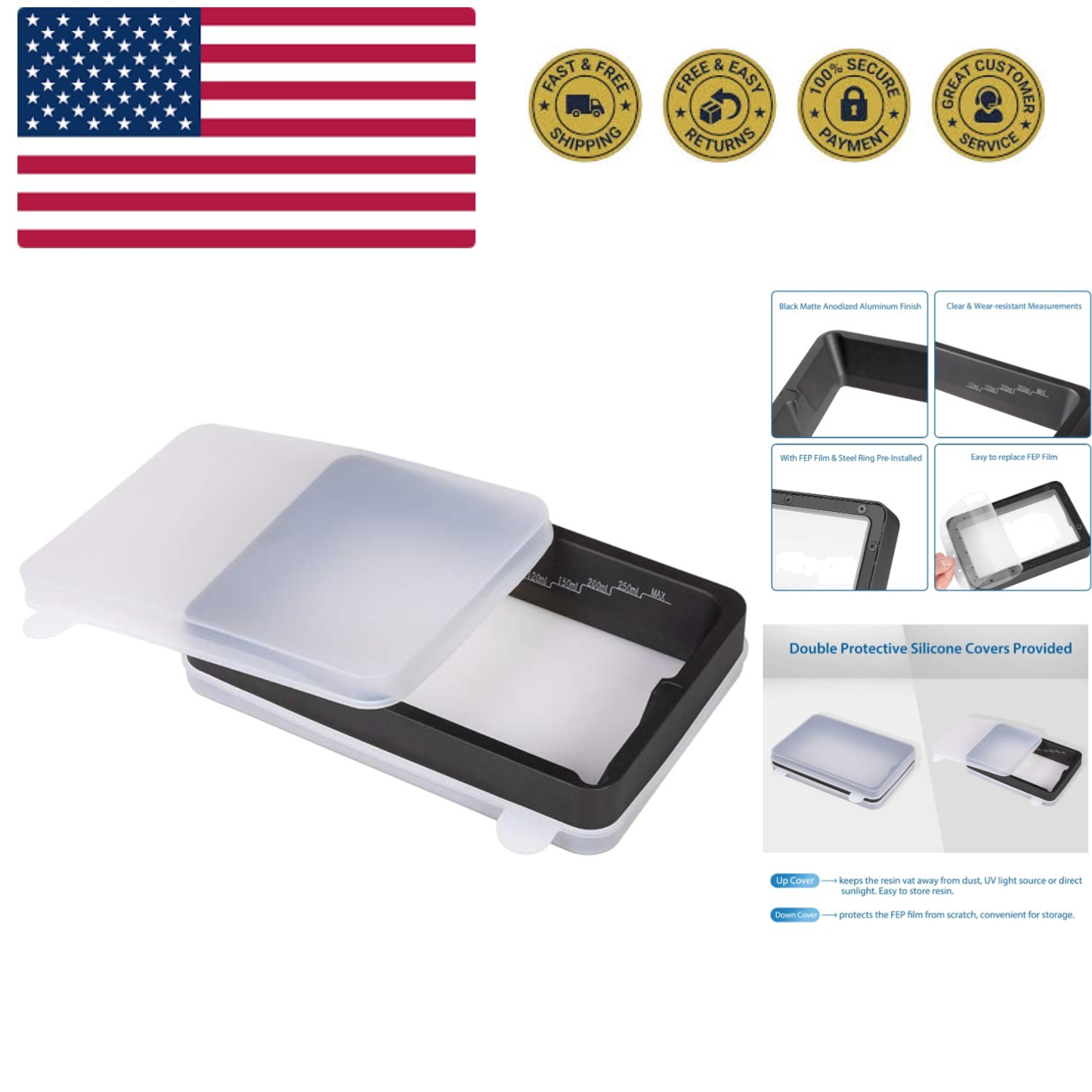 3D Printer Resin Vat Anodized Aluminium with FEP Film & Steel Ring Preinstall...