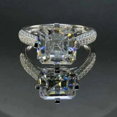 4Ct Asscher cut Lab-Created Sapphire Engagement Ring 14K White Gold Plated
