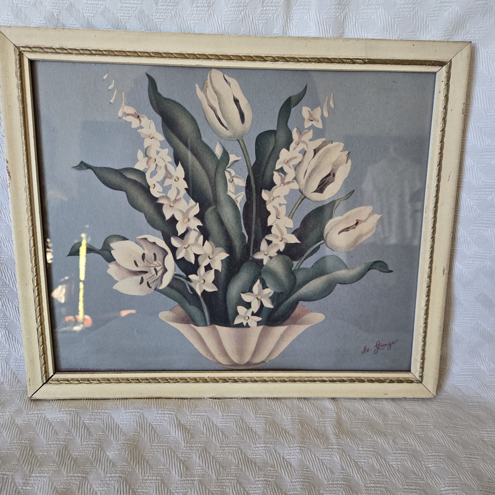 Floral Arrangement Framed Picture Signed De Jonge Lithograph 12.25x10.25