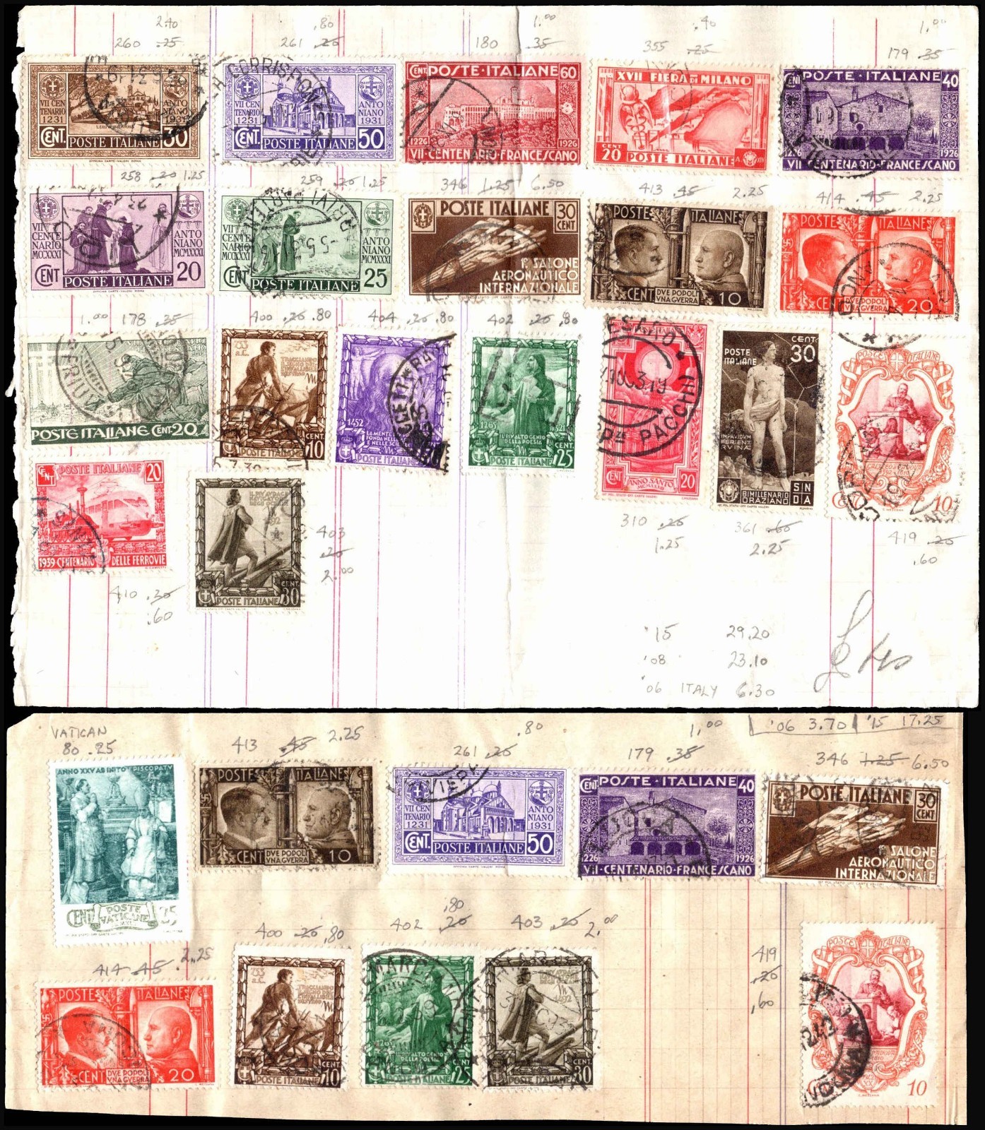 Italy & Vatican 1920s-1930s Stamp Collection Page Mussolini Era Used