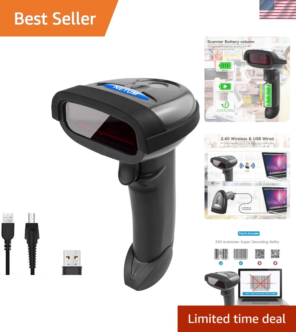 Versatile Wireless Barcode Scanner with USB Connection - Multi-Language Support