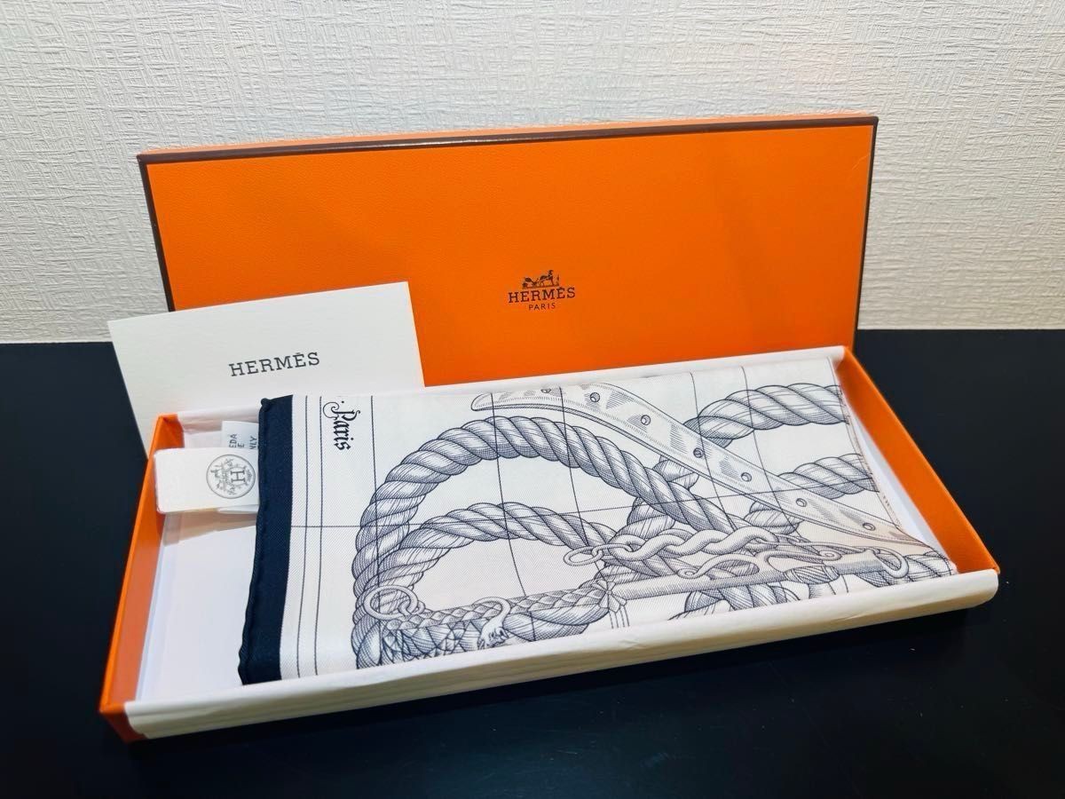 HERMES Carré 45 Scarf Silk Della Cavalleria Design Black White Women's